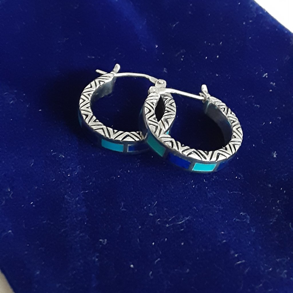 Sterling Turquoise Lapis Inlay Hoop Earrings 80$